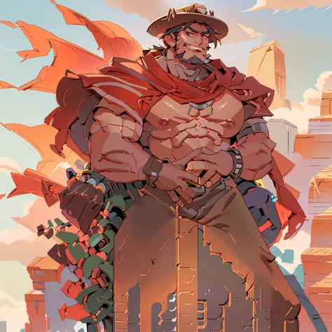 mccree, western setting, cowboy hat, red poncho, muscular, hunk, mechanical body, cybernetic right arm, cape, setting sun in background, smile,  confident pose, cigar in mouth,  best quality, shirtless, body muscles, chest muscle, big chest, big stomach, v...