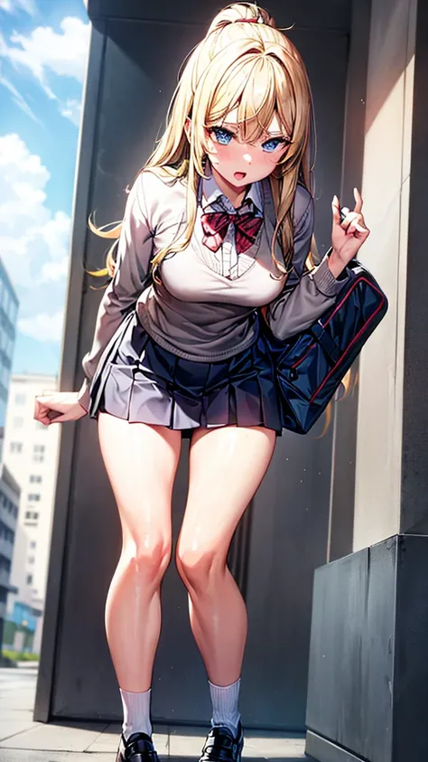 Bully student approaches me with a perverse face as I am a nerd, wearing short skirt, blonde hair, blue eyes, small firm breasts, long sexy legs, bad girl. very tall girl, photo from below the girl, bully, anger face, perspective from the ground