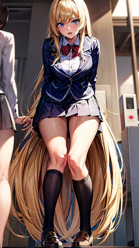 Bully student approaches me with a perverse face as I am a nerd, wearing short skirt, blonde hair, blue eyes, small firm breasts, long sexy legs, bad girl. very tall girl, photo from below the girl, bully, anger face, perspective from the ground