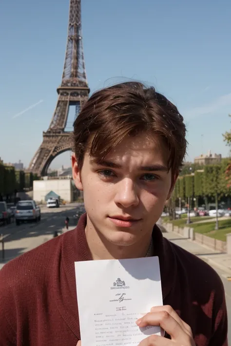 a handsome red-haired guy who is 17 years old in Paris against the backdrop of the Eiffel Tower and he covers his mouth and nose with a piece of paper on which it says love you 