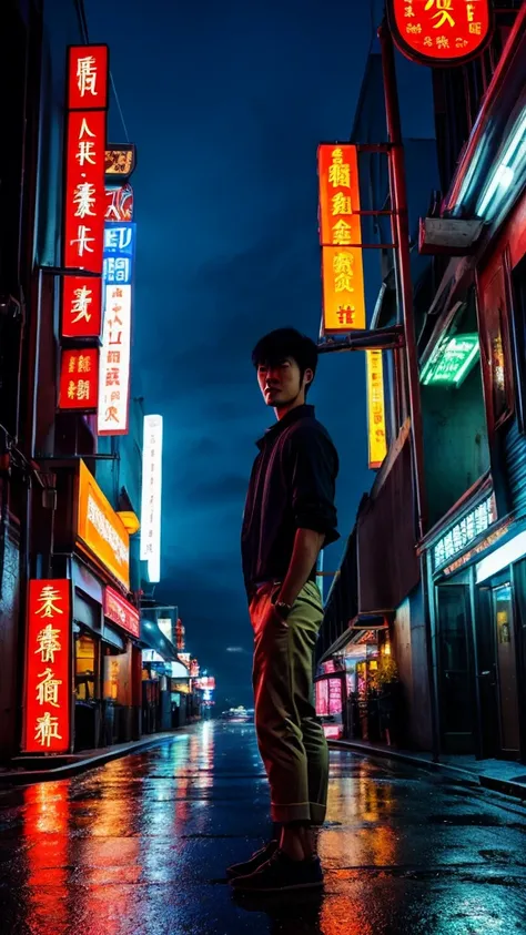 a Japanese handsome young man with short hair,tan skin, great figure, shirtless, wears edition color bikini underware, standing alone in the middle of an empty road. The street is wet from rain, reflecting the colorful neon signs and lights from the surrou...