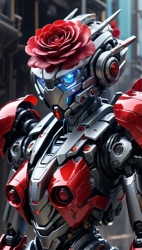 Heres an updated image prompt that includes the requirement for an open-face helmet:

"Create a hyper-realistic digital artwork featuring a futuristic mecha with a unique, intricately designed body that resembles a red rose. The mechas body should be rende...