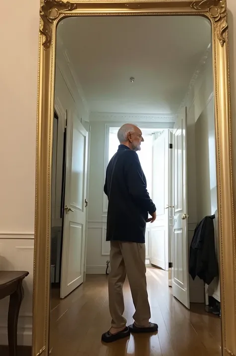 A photo, of an old man, short hair loss , looking at himself younger in a mirror. View from side of man, full body large scale, appartement parisian style