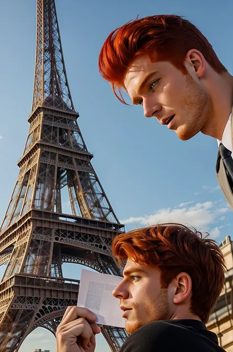 draw a handsome fiery red-haired guy who is 17 years old in Paris against the background of the Eiffel Tower and he closes his mouth and it is a piece of paper on which it says you are the best 