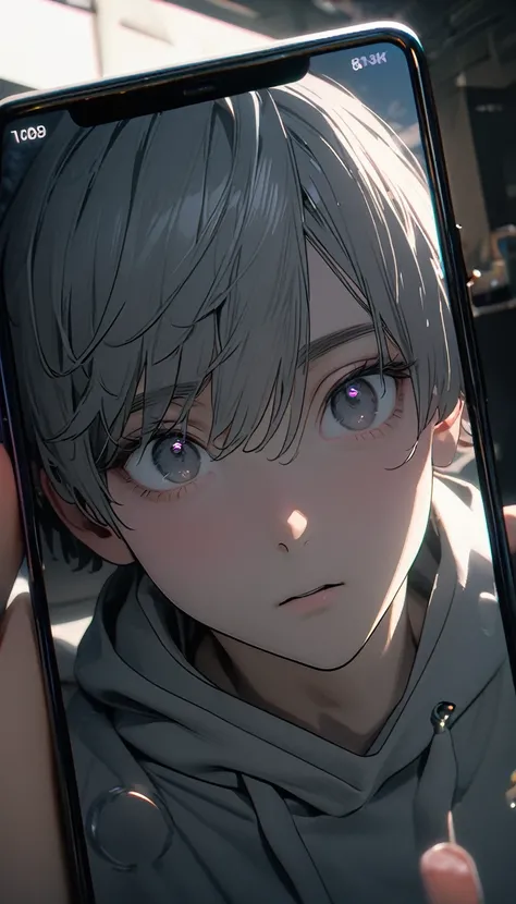 (8K, RAW photos, best quality, masterpiece: 1.4), (((The boy looked at his phone)))，Ultra-high resolution, Extremely detailed, light, Mobile phone close-up, handsome boy, black eyes, (delicate eyes, Eyes are bright:1.2), Gray short hair, Fair skin,dark, Gr...