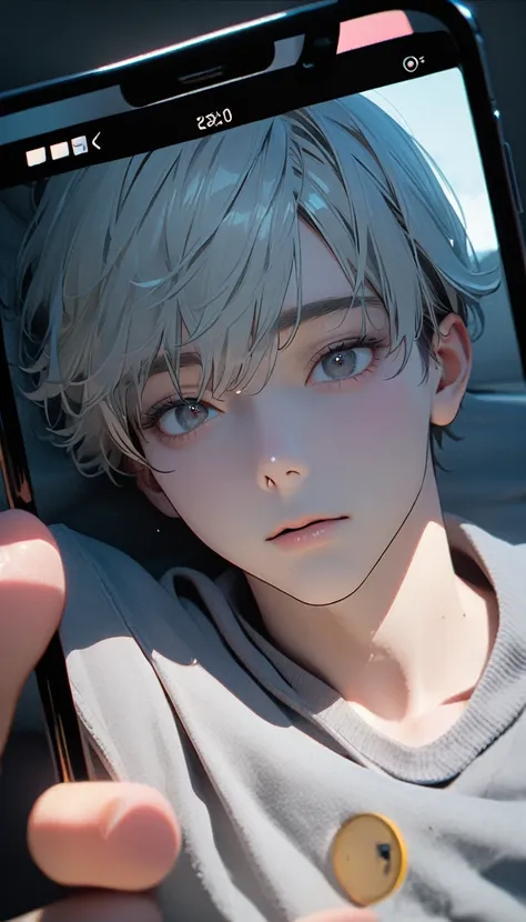 (8K, RAW photos, best quality, masterpiece: 1.4), (((The boy looked at his phone)))，Ultra-high resolution, Extremely detailed, light, Mobile phone close-up, handsome boy, black eyes, (delicate eyes, Eyes are bright:1.2), Gray short hair, Fair skin,dark, Gr...