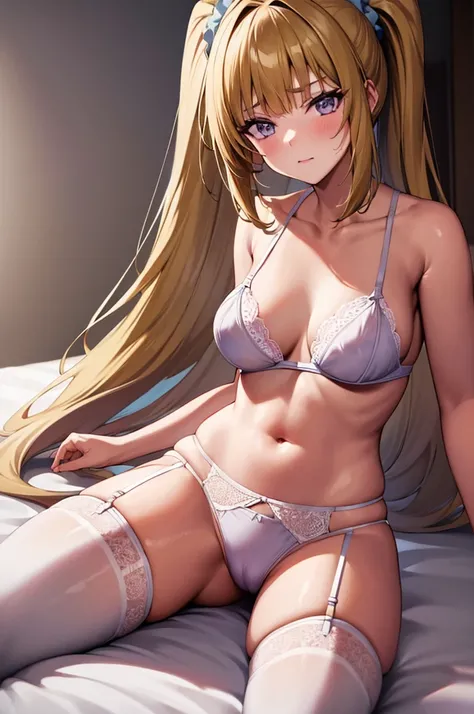 (8k, best quality, masterpiece,ultra detailed, ultra high res:1.2), nsfw, perfect 5 fingers, anime style
1girl,
BREAK long hair, ponytail, yellow hair, 
purple eyes, hair scrunchie, 
[medium breasts], 
BREAK pink lingerie, lace-trimmed bra, (garter belt:1....