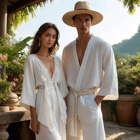 in a picturesque chiang mai setting, a good looking young man and woman, both aged 18-25, showcase fashion white outfits inspire...