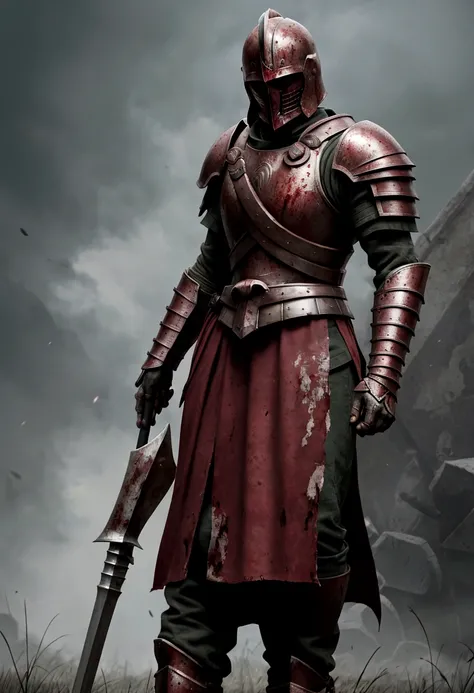 spartan warrior, dying , bloody armor, on battlefield, standing with a spear, epic, 8k