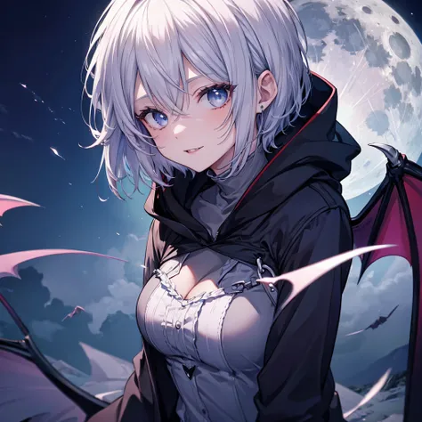 ((((vampire　Inflammation))))　(((Gray Hair　short hair　blue eyes　woman　Center close-up)))，((night　full moon　My own big wings))，(Wearing a hood　Black camisole　Purple light)，　A strained smile　Shining Background　Shining Edges　mysterious