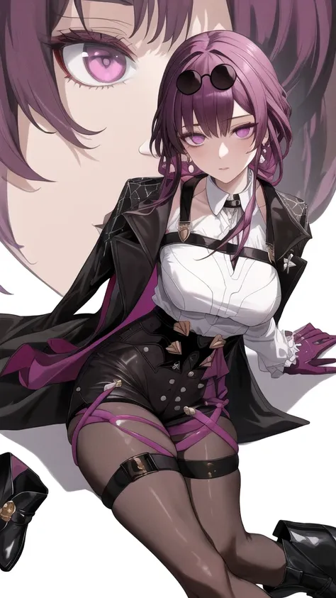 masterpiece, (detailed, highres, best quality), 1girl, face focus, close-up, kafkerdef, earrings, eyewear on head, sunglasses, white shirt, black jacket, long sleeves, purple gloves, shorts, pantyhose, thigh strap, black footwear