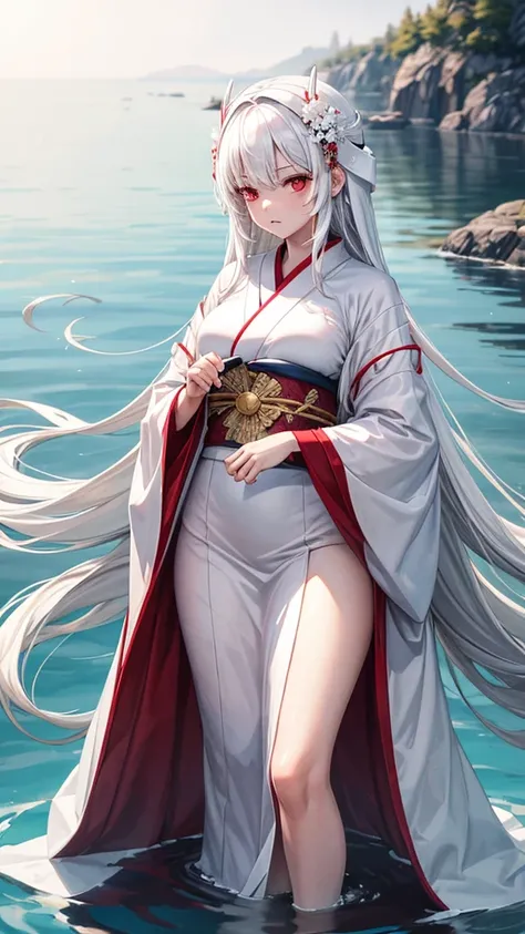 Women, white kimono,in a lake, long white hair, voluptuous body,Red eyes, annoyed 