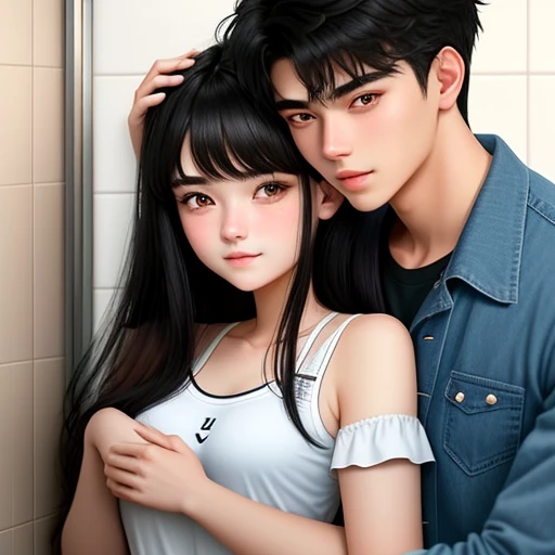 Couple hug scene in toilet
20-year-old boy and 18-year-old girl, Detailed face, Detailed eyes, double eyelid,, Handsome-cool-warm-boy with black hair and hot-seductive-sexy-cute-beautiful-girl with black hair and blushing face. Intimate vibes.