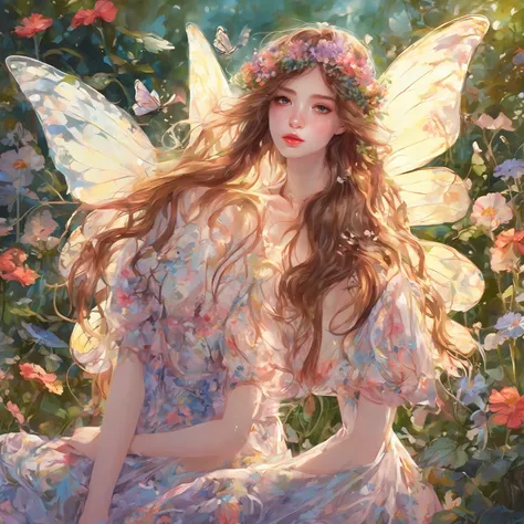 (A girl in a garden),illustrated,subdued colors,beautiful detailed eyes,beautiful detailed lips,long hair,fairy wings naughty,floral flowers colorful,butterflys,ethereal glow,medium dress,lovely expression,posing gracefully,bright sunlight
