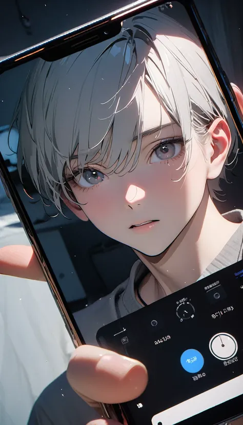 (8K, RAW photos, best quality, masterpiece: 1.4), (((The boy looked at his phone)))，Ultra-high resolution, Extremely detailed, light, Mobile phone close-up, handsome boy, black eyes, (delicate eyes, Eyes are bright:1.2), Gray short hair, Fair skin,dark, Gr...