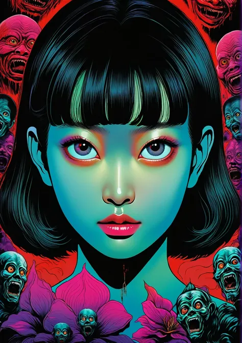 An illustration、art、80s Thai horror movie poster, Supervised by Junji Ito、High detail, Realistic Shadows、Analog Style, chromatic aberration, Surrealism、Complementary Gradient