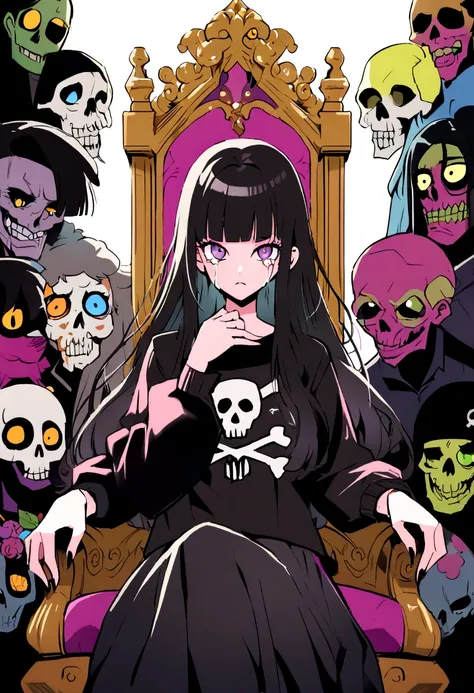 Black Hair、Black Feather、Gothic Punk、Sit on a chair, Crossing your legs、Throne、tears,anime zombie witch design, Crossbones, skull, Streetwear Design, Provector, Horror Style, Full Design, Only 6 colors, Solid Colors, No Shadow, Full Design, Stickers, Brigh...