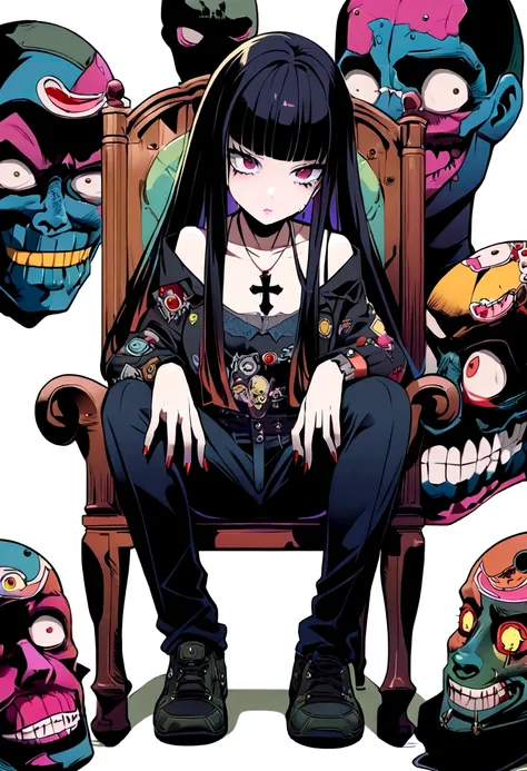 Black Hair、Black Feather、Gothic Punk、sit on a chair, cross ones legs、Throne、tears,anime zombie witch design, wave hands、, street wear design, pro vector, Horror style, full design, 6 colors only, solid colors, no shadows, full design, sticker, bright color...