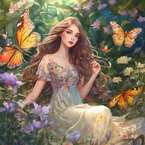 (A girl in a garden),illustrated,subdued colors,beautiful detailed eyes,beautiful detailed lips,long hair,fairy wings naughty,floral flowers colorful,butterflys,ethereal glow,medium dress,lovely expression,posing gracefully,bright sunlight