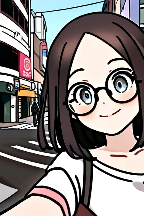 selfie realistca de colegial japonesa de cabelo curto na cor preta, He wears round-framed glasses and has the background of the neighborhood and Shibuya