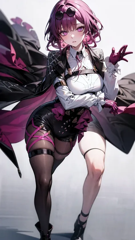 masterpiece, (detailed, highres, best quality), 1girl, face focus, close-up, kafkerdef, earrings, eyewear on head, sunglasses, white shirt, black jacket, long sleeves, purple gloves, shorts, pantyhose, thigh strap, black footwear、エロい、ちんこを舐めている、フェラチオ