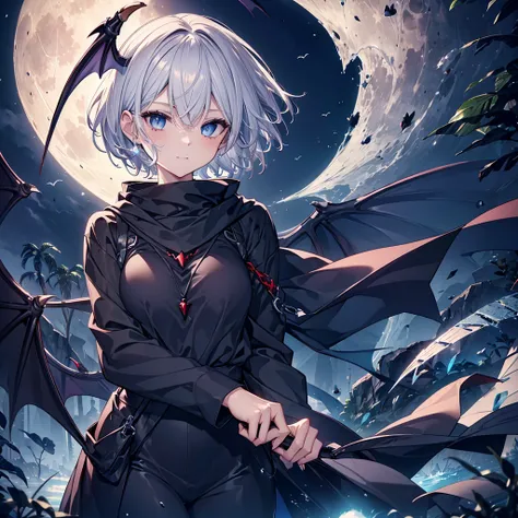 ((((vampire　Inflammation))))　(((Gray Hair　short hair　blue eyes　woman　Center close-up)))，((night　full moon　My own big wings))，(Wearing a hood　Black camisole　Purple light)，　A strained smile　Shining Background　Shining Edges