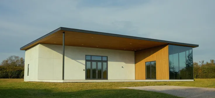 Photo brute,head of&#39;artwork, High quality, best quality, authentique, great detail,
Outside, En plein air, style de maison moderne dans la rue, glass windows, grille, wooden ceiling,
road,pavement, trees, sky, nuvens, (day light:1.1)