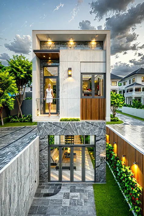 modern villa on street, (overcast lighting:1.2), tropical tree, vivid color, curve wall, streetcapes, nice sky, grey and wwhite tone, (large glass door:1.2), warm interior lighting, modern material, best quality, ultra realistic, masterpiece, 17ArchiAI_XL_...