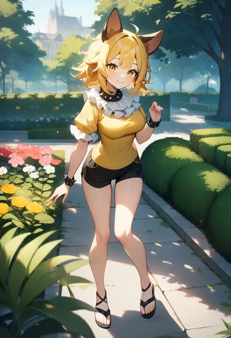 1girl, standing, :3, smile, puppy ears, spiky white ruff collar, cute yellow shirt, black shorts, sandals, medium breasts, spiky hair, messy hair, soft bangs, long yellow hair, park garden, masterpiece quality, ultra HD, 4K, best quality, 