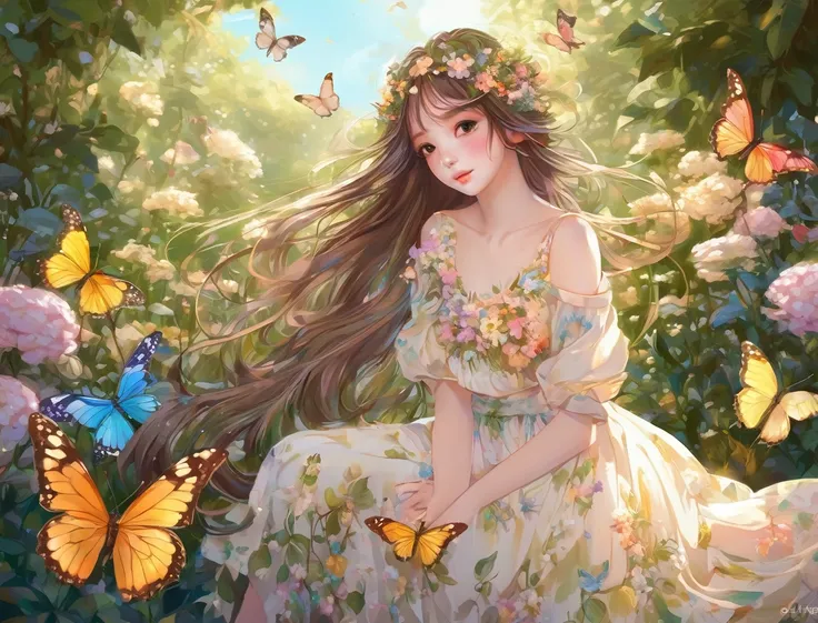 (A girl in a garden),illustrated,subdued colors,beautiful detailed eyes,beautiful detailed lips,long hair,fairy wings naughty,floral flowers colorful,butterflys,ethereal glow,medium dress,lovely expression,posing gracefully,bright sunlight