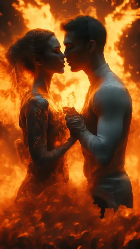 masterpiece，best quality，Extremely detailed，high resolution，1 romantic couple，flame，Dynamic Scene Scale 1.3，Romantic couple kissing in the fire，Firestorm，on fire，Bizarre fantasy image，Excellent skin texture，Magic Circle，Casting a Spell，strange，紫色strength，s...