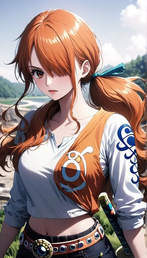 masterpiece, best quality), intricate details, 1 girl, woman, green hair, nami  (one piece), (long hair), shirt, white shirt, female focus, clothes, orange colour kimono, nature, scenery, upper body, ((front view)) ((close up shot)) ((solo)) ((hair over on...