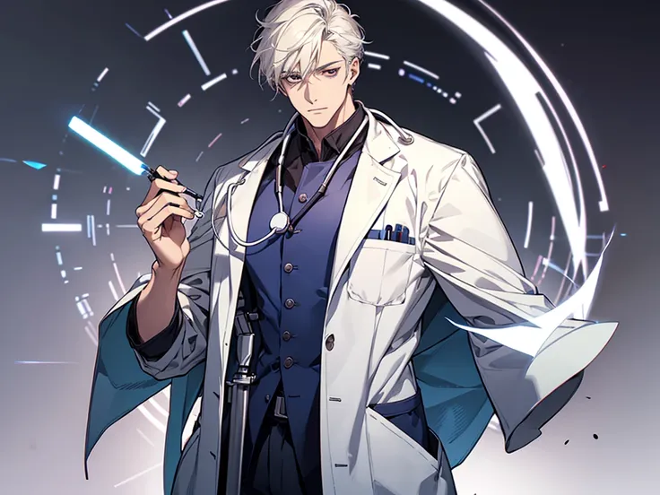 1 man, wearing white doctor outfit with stethoscope on his neck, standing, face to detail, detailed eyes, perfect hands, full-bo...