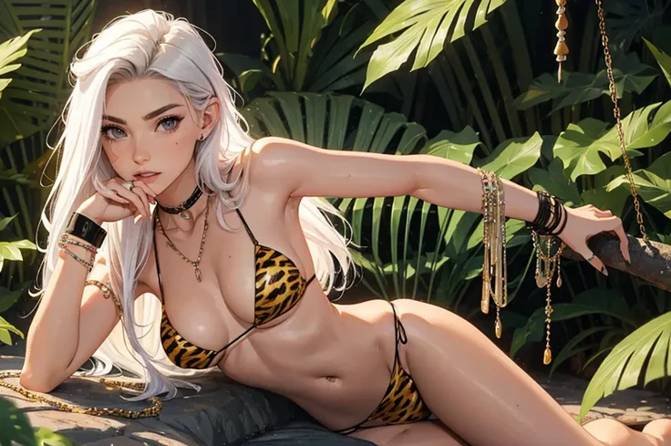 （lifelike， high - resolution：1.3）， 1 girl with a perfect body，slender body, Super fine face and eyes，assasin, dark makeup, shiny skin，white hair, (jungle bikini, animal print micro bikini)，Expose cleavage, (bracelets, tooth jewelry, a lot of necklaces, ver...