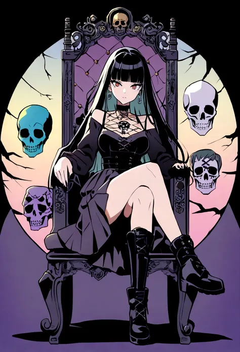 Black Hair、Black Feather、Gothic punk dress、Legs sticking out，Sit on a chair, Crossing your legs、Throne,anime zombie witch design, Crossbones, skull, Streetwear Design, Provector, Horror Style, Full Design, Only 6 colors, Solid Colors, No Shadow, Full Desig...