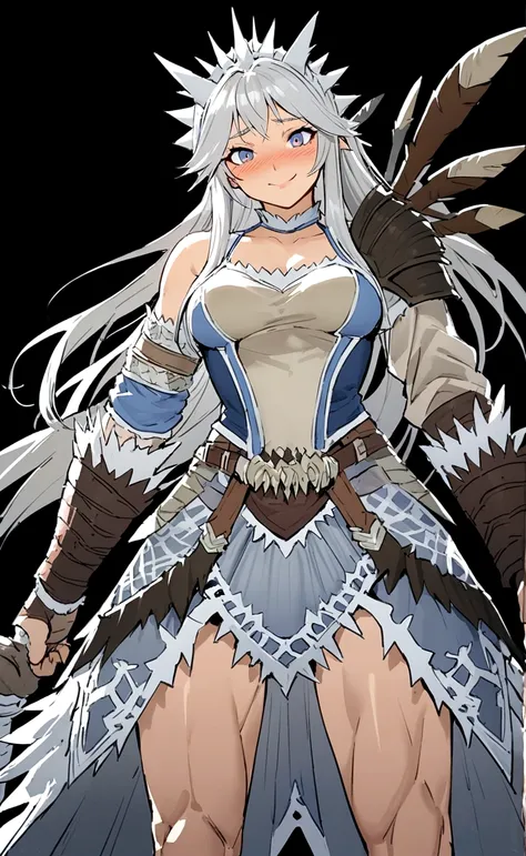 ((monsterhunter)), looking the viewer, solo, girl, shy, red cheek, bashful, embarrassed, smiling, perfect face, muscular,  long hair, beautiful eye, warrior, cowboy shot
