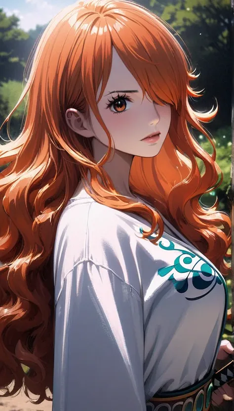 masterpiece, best quality), intricate details, 1 girl, woman, orange hair, nami \ (one piece\), (long hair), shirt, white shirt,...