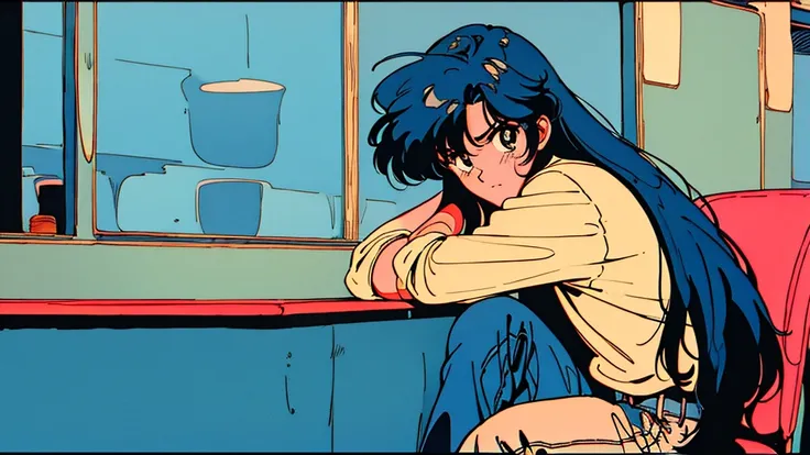 An emotional boy、The style is good、Long hair and jeans、Retro anime images、Highest quality、４ｋ、Alone at a coffee shop