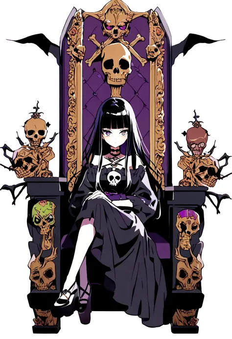 Black Hair、Black Feather、Gothic punk dress、Legs sticking out，Sit on a chair, Crossing your legs、Throne,anime zombie witch design, Crossbones, skull, Streetwear Design, Provector, Horror Style, Full Design, Only 6 colors, Solid Colors, No Shadow, Full Desig...