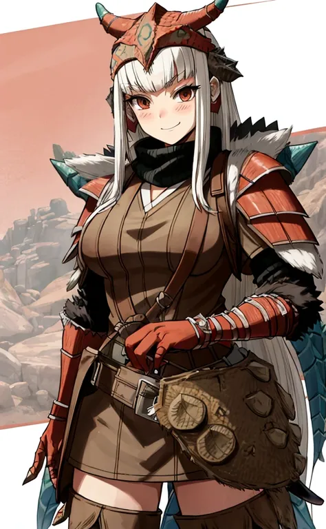 ((monsterhunter)), looking the viewer, solo, girl, shy, red cheek, bashful, embarrassed, smiling, perfect face, muscular,  long hair, beautiful eye, warrior, cowboy shot
