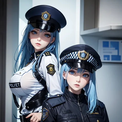 Blue Hair，Blue Eyes，Long hair，Big breasts，Woman in police uniform，Mature face