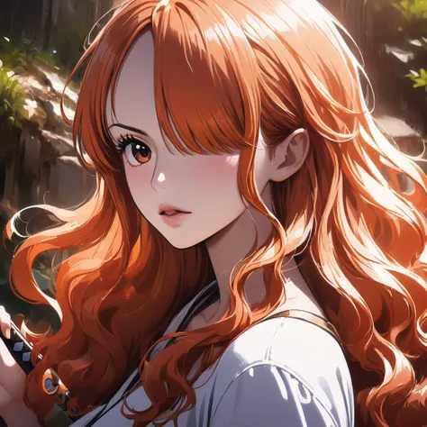 masterpiece, best quality), intricate details, 1 girl, woman, orange hair, nami  (one piece), (long hair), shirt, white shirt, female focus, clothes, orange colour kimono, nature, scenery, upper body, ((front view)) ((close up shot)) ((solo)) ((hair over o...