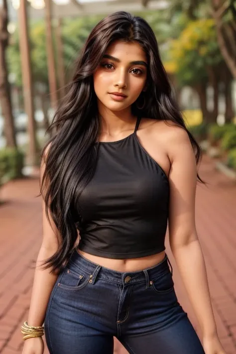 beautiful cute young attractive indian, 18 years old, cute, , long black_hair, colorful hair, warm,  photo shoot with dog and wear the dress black jeans white and black top, indian