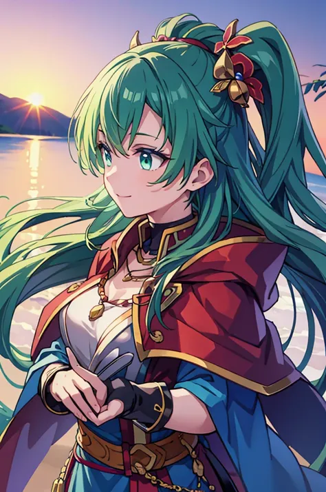 masterpiece, Highest quality, Nanna, hair ornaments, necklace, armor, Red Cape, Green Dress, belt, White gloves, Upper Body, View your viewers, smile, Field, null, sunset, From the side