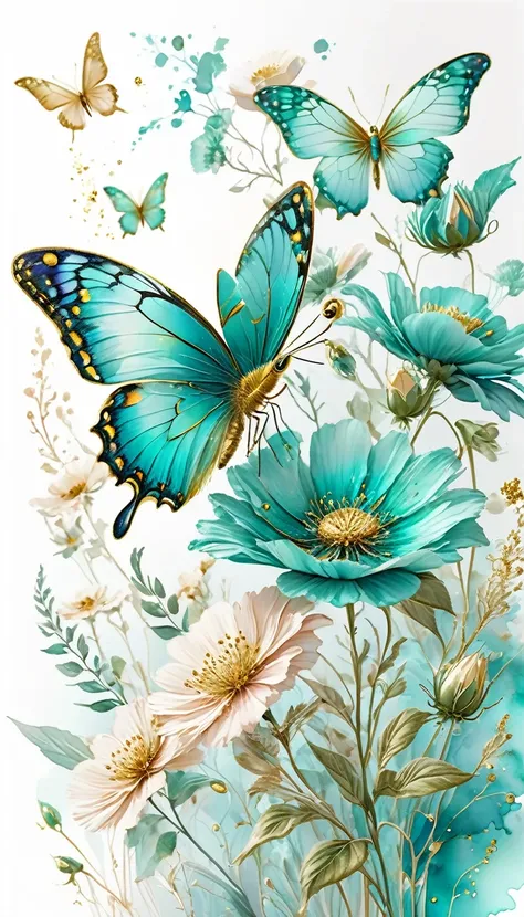 Beautiful turquoise flower with gold details and a green butterfly flying, in the watercolor art style, on a white background, with soft edges, using boho colors, depicting delicate flowers, as a detailed floral illustration, with a pastel color palette, s...