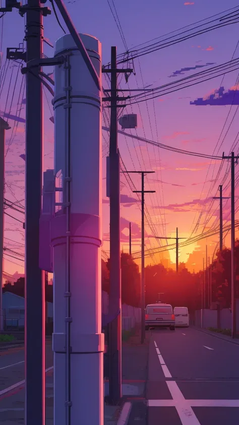 purple theme, power pole in the sunset, pixel art, anime