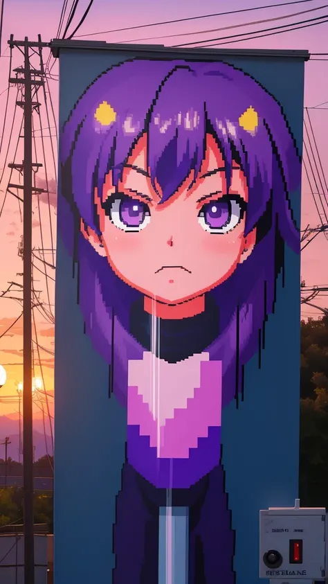 purple theme, power pole in the sunset, pixel art, anime