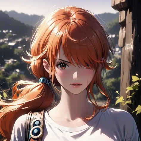 masterpiece, best quality), intricate details, 1 girl, woman, orange hair, nami  (one piece), (long hair), shirt, white shirt, female focus, clothes, orange colour kimono, nature, scenery, upper body, ((front view)) ((close up shot)) ((solo)) ((hair over o...