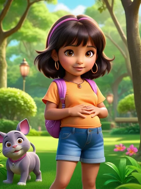 disney dora playing in green park.8k, realistic, hyper-pregnant loli, short stature, elementary school student