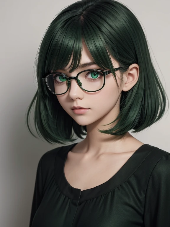 A cute girl who has green eyes and green gradiant hair wearing a black and green dress. She has a plain background and she wears eyeglasses 